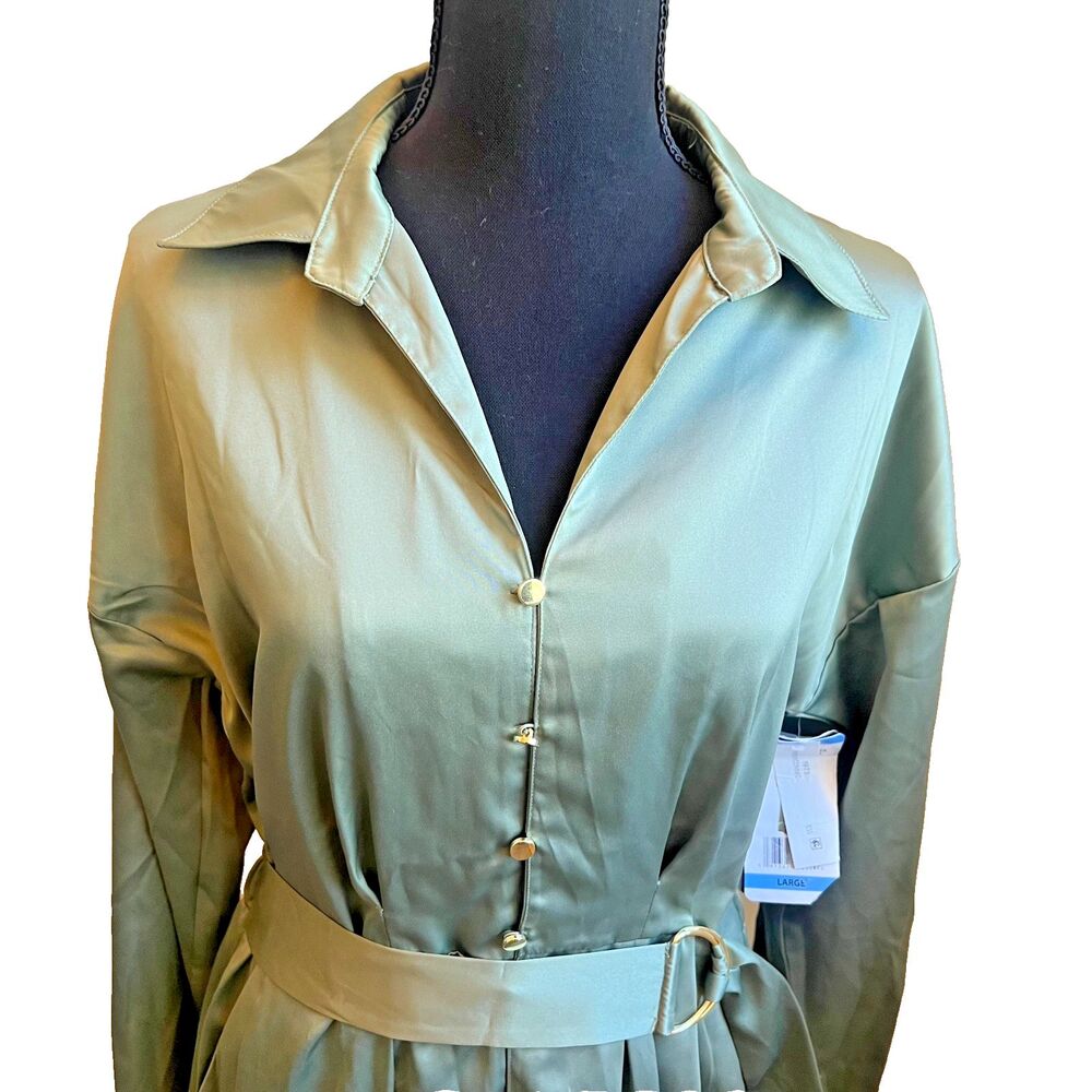 French Connection olive green long sleeve satin shirt dress Large